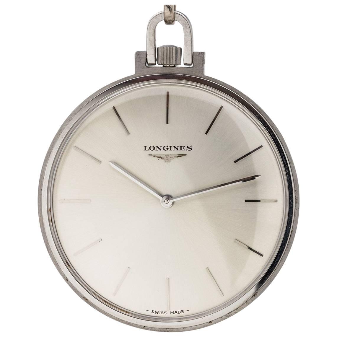 Longines Stainless Steel Dress Manual Wind Pocket Watch, circa 1960s For Sale