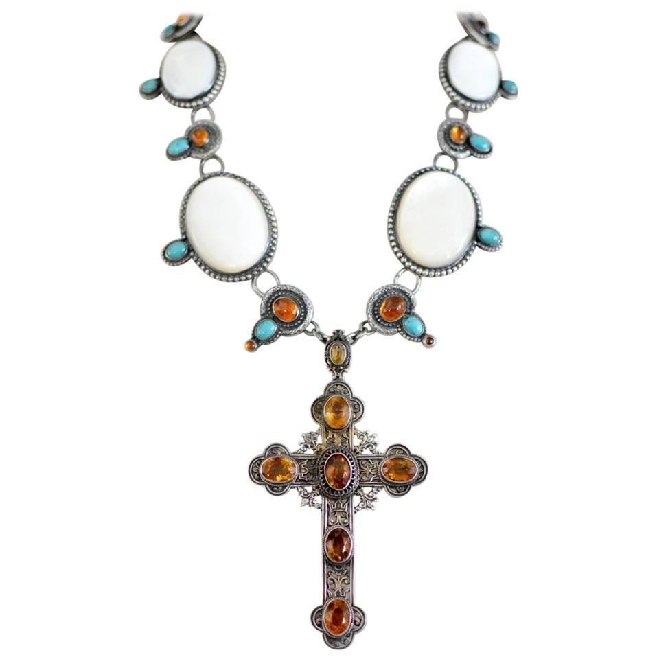 Jill Garber Rococo Cross Necklace with Citrine, Mother-of-Pearl and Turquoise