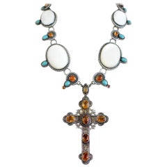 Jill Garber Rococo Cross Necklace with Citrine, Mother-of-Pearl and Turquoise