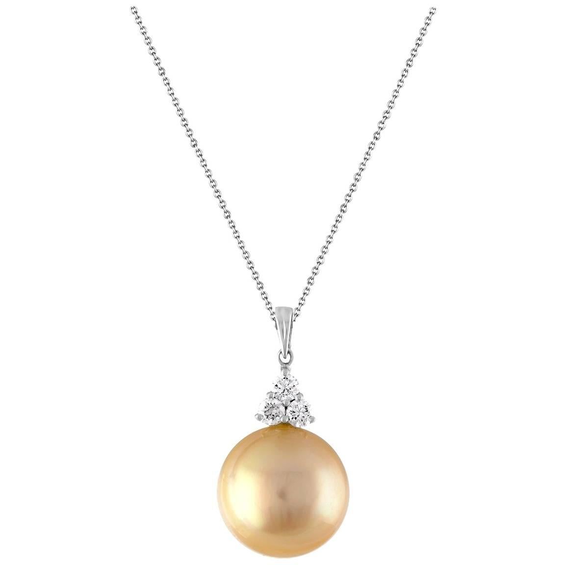 South Sea Yellow Gold Pearl and 0.33 Carat Diamond Gold Pendant Chain Necklace