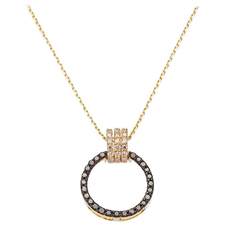 18 Karat Yellow Gold White and Black diamonds 0.12 carat Pendant Necklace  For Sale