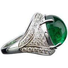 16.77 Carat Cabochon Emerald and Diamond Cocktail Unisex Ring