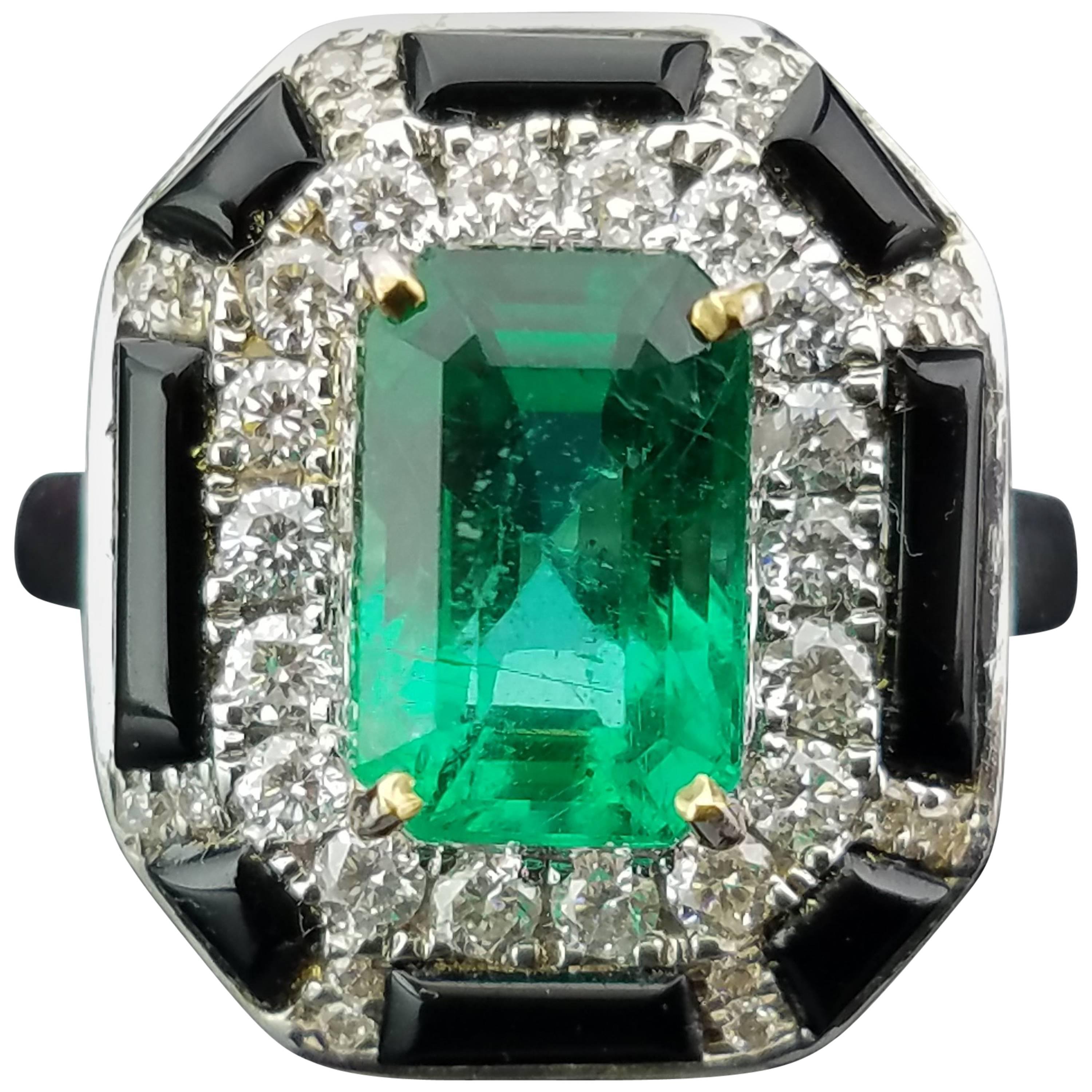 2.29 Carat Emerald, Enamel and Diamond Cocktail Ring