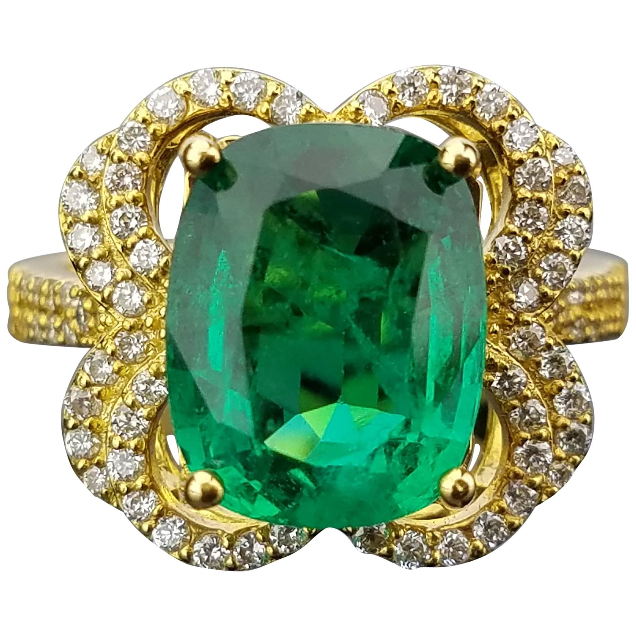 4.77 Carat Cushion Shaped Emerald and Diamond Cocktail Ring For Sale
