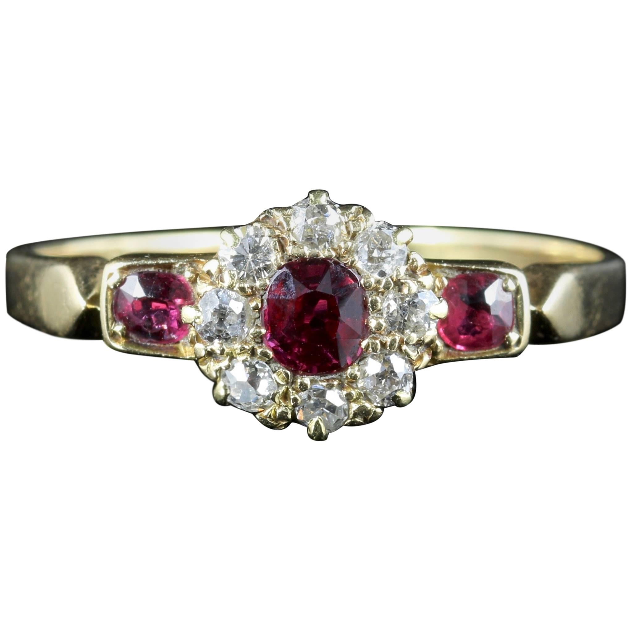 Antique Victorian Ruby Diamond Cluster Ring 18 Carat Gold, circa 1880