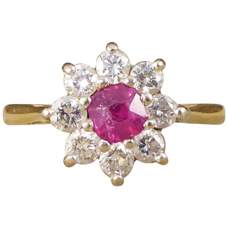 Vintage Ruby and Diamond Flower Cluster Ring in 18 Carat Gold