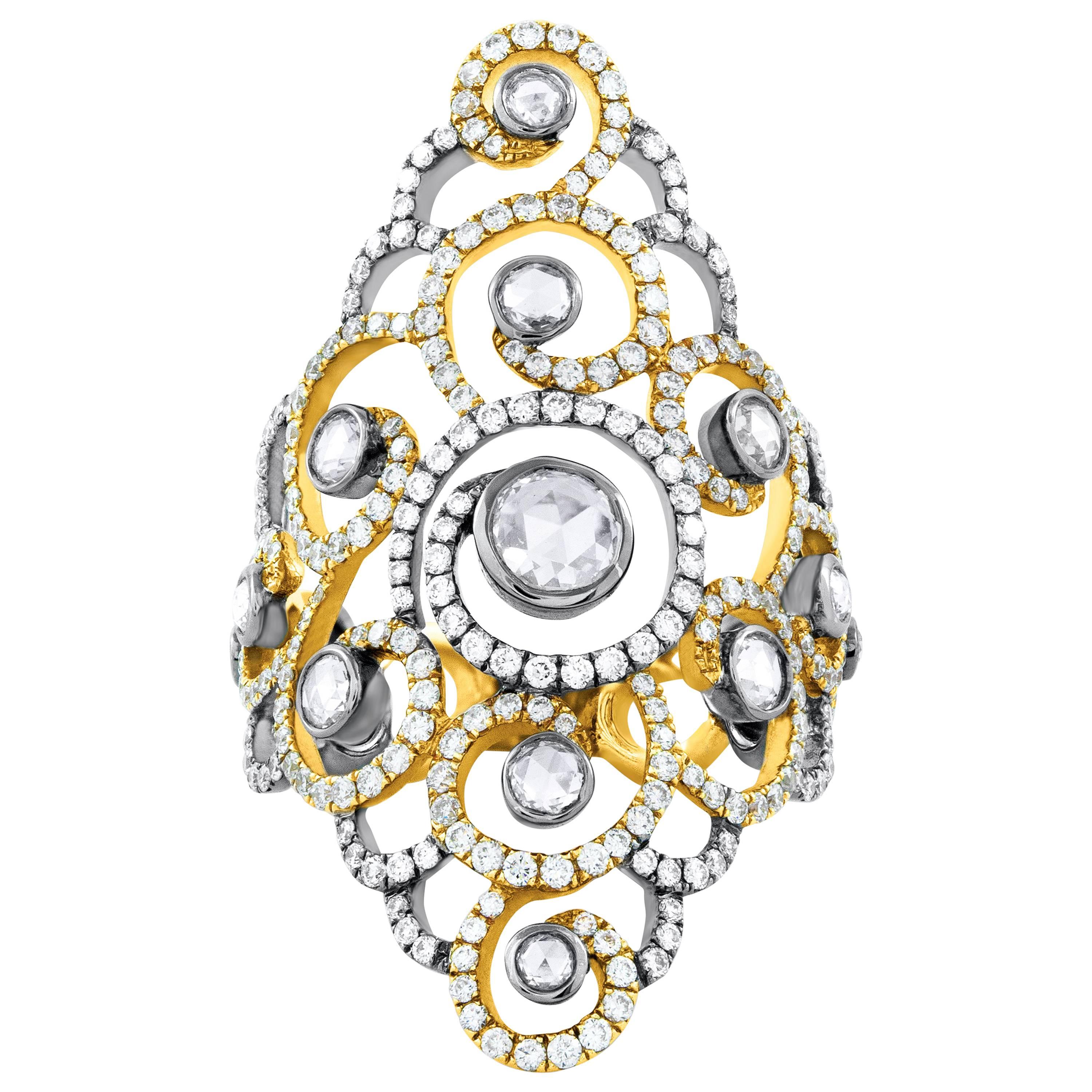 Roman Malakov 2.25 Carats Total Rose and Round Cut Diamond Filigree Fashion Ring For Sale