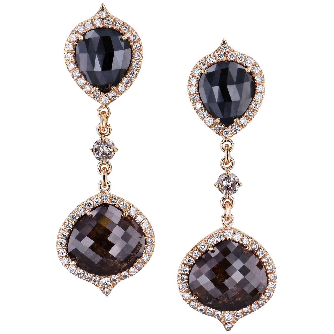 13.56 carat Black and Brown Diamonds with .91 carat Pave White Diamonds Earrings