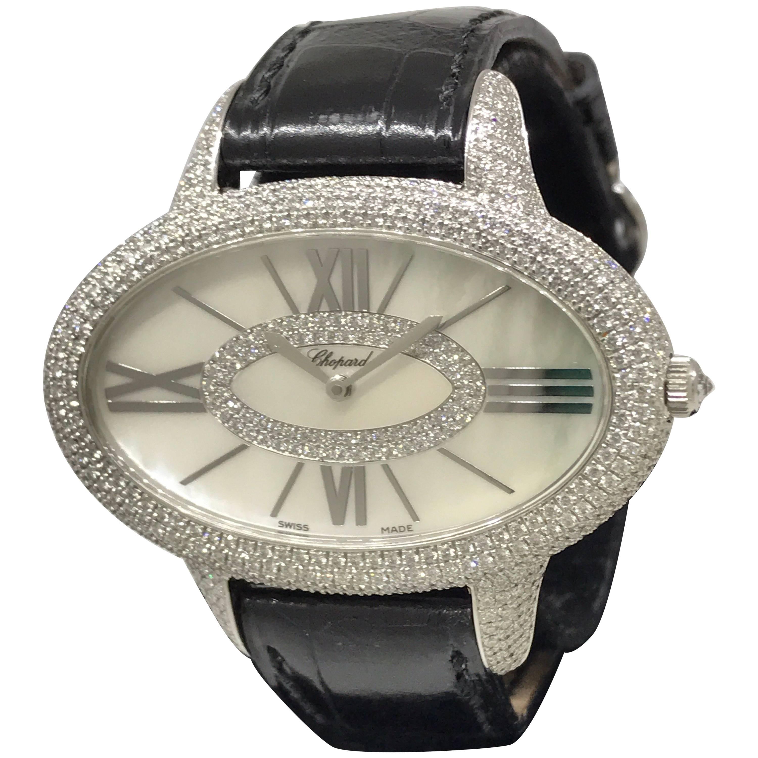 Chopard Oblong Boutique Edition Oval Classique Pave Diamond Leather Ladies Watch For Sale