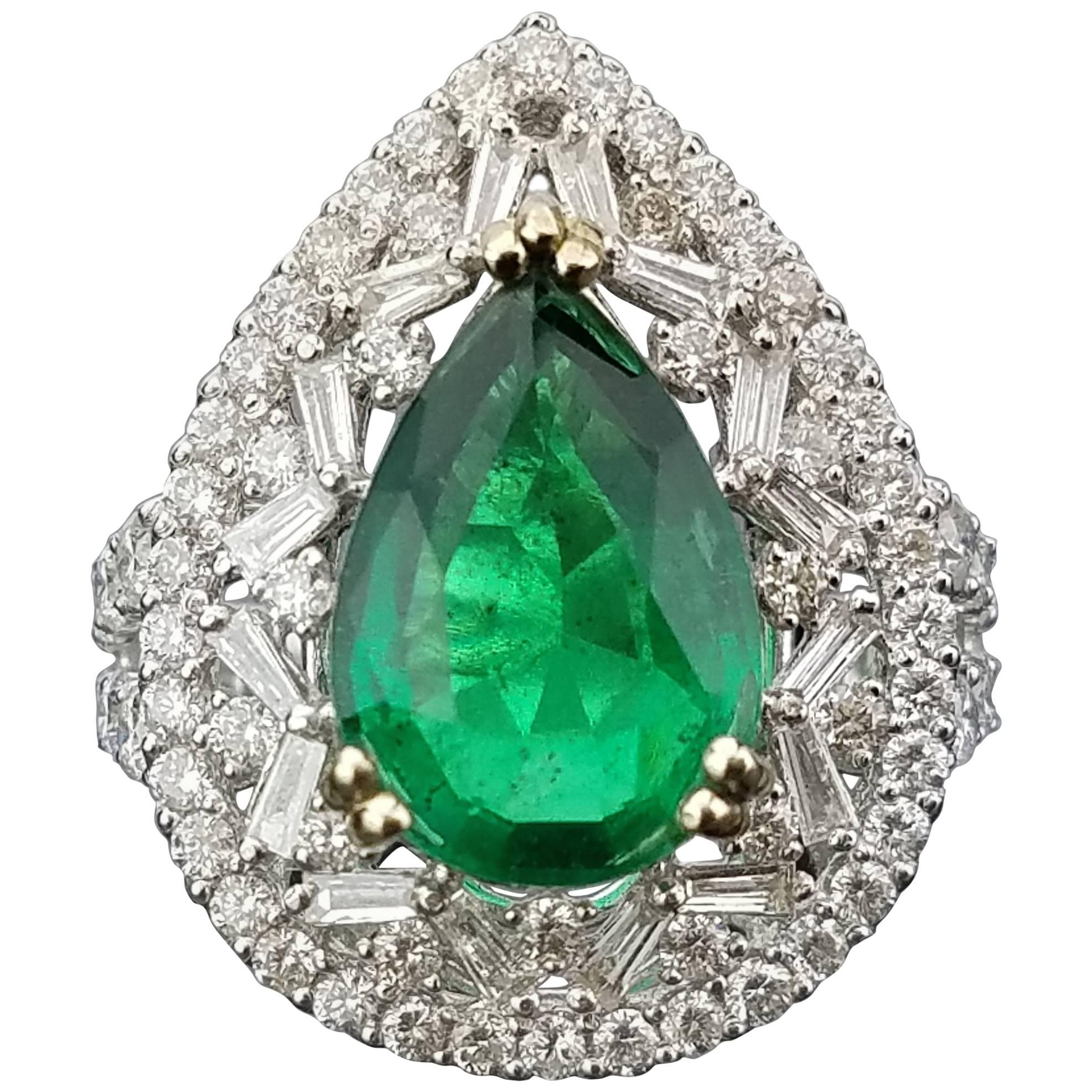 3.52 Carat Pear Shape Emerald and Diamond Cocktail Ring