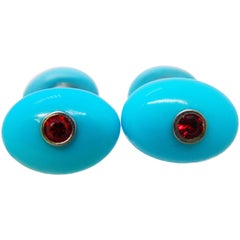 Natural Brilliant Cut Ruby Oval Turquoise Cabochon White Gold Setting Cufflinks