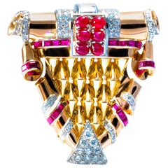 Ansuini 1940 Stemma Design Diamond Rubies 18K Yellow Gold Pendant Necklace Pin