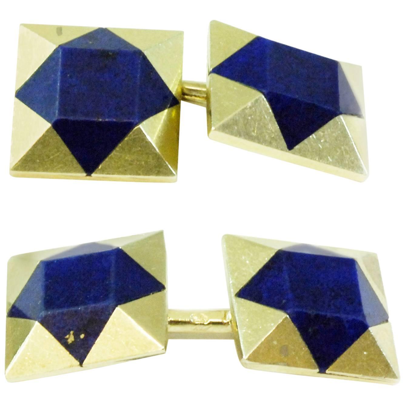 Circa 1920 Art Deco Lapis Lazuli Yellow Gold Cufflinks For Sale
