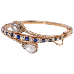 Victorian Natural Pearl, Sapphire and Diamond Yellow Gold Bangle