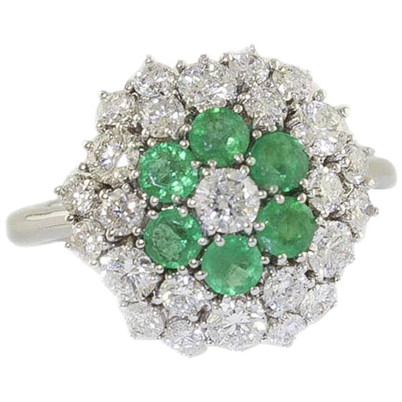Emeralds Diamonds White Gold Flower Ring