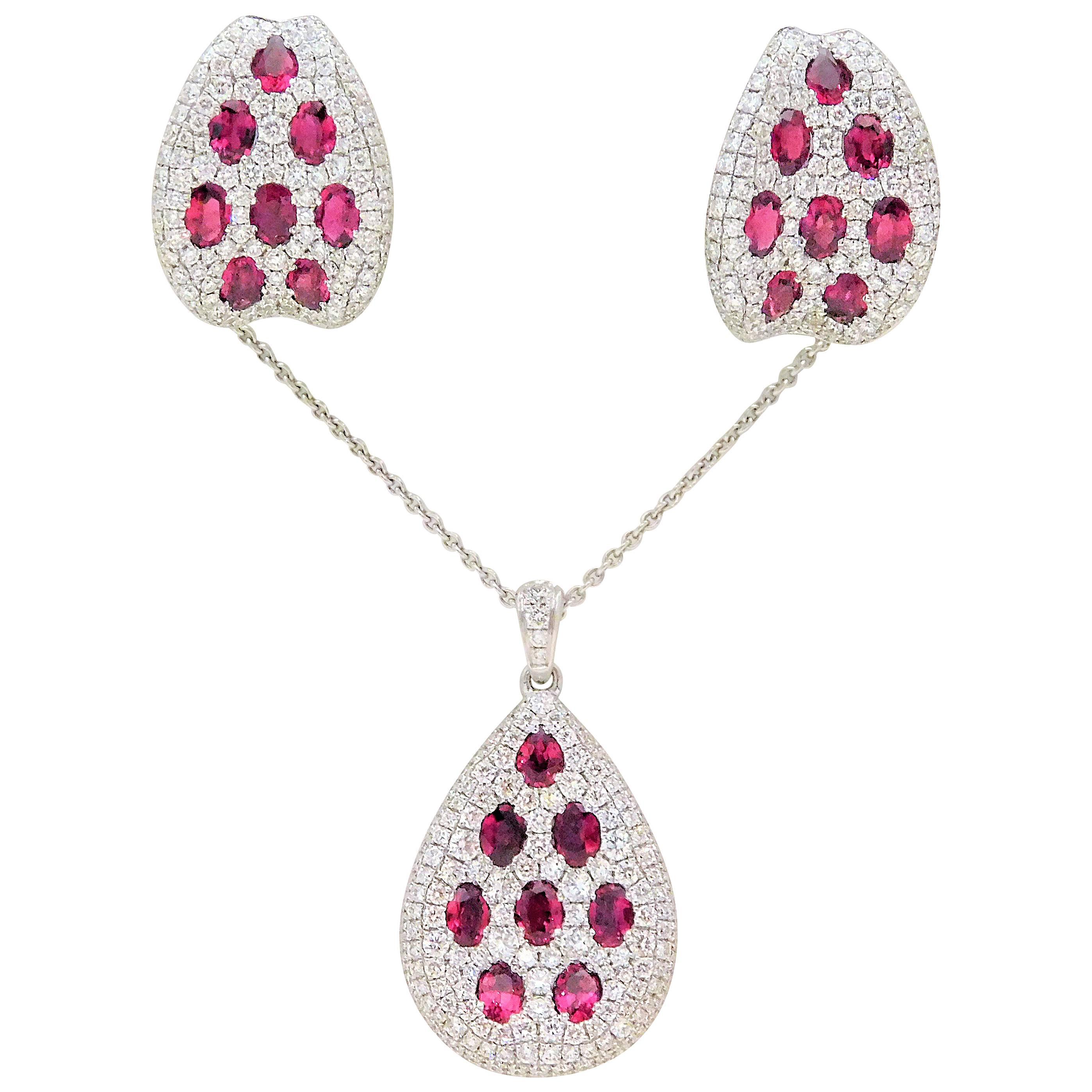 6.41 Carat Matching Diamond and Burma Ruby Earring and Necklace Jewelry Set For Sale