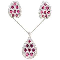 6.41 Carat Matching Diamond and Burma Ruby Earring and Necklace Jewelry Set