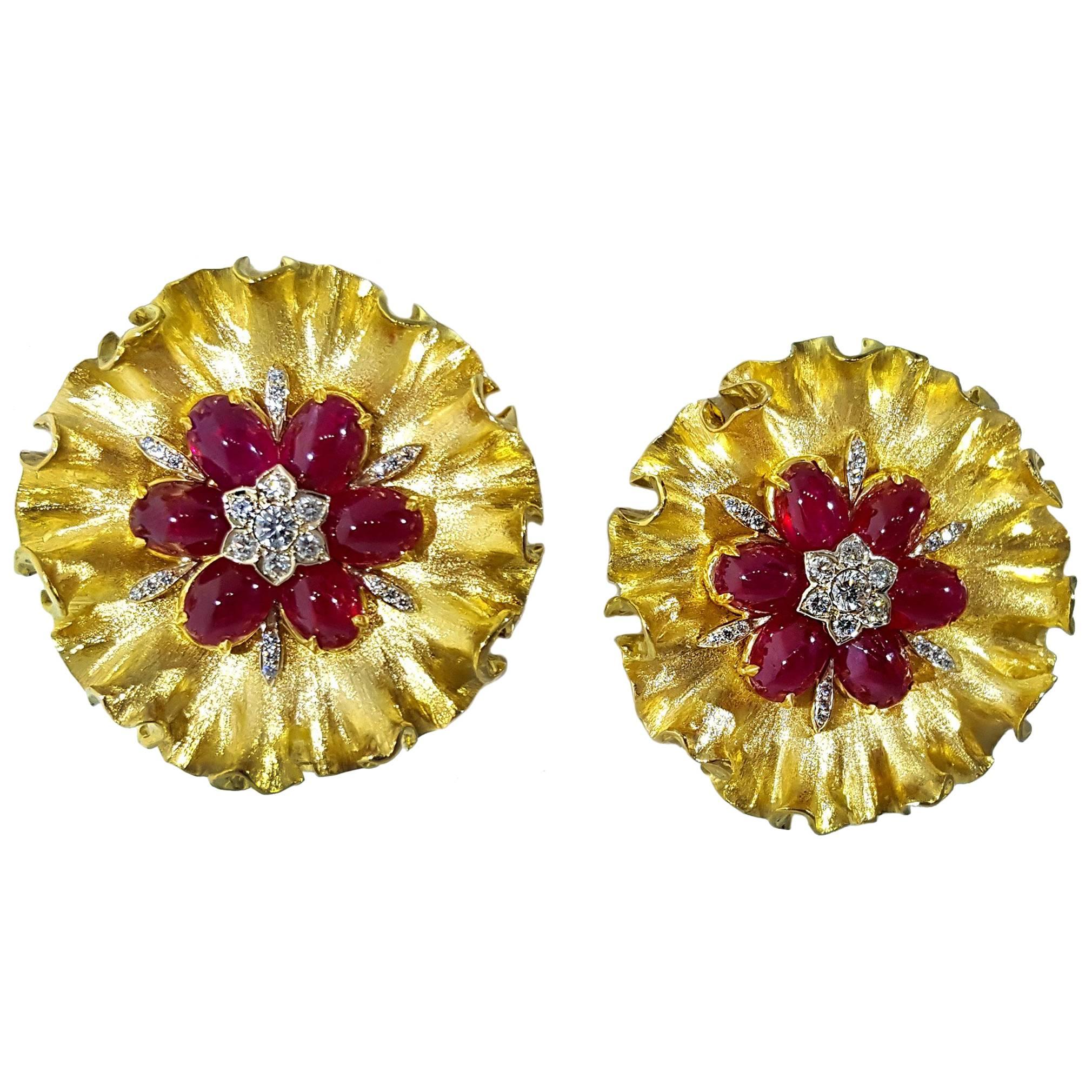 Textured Ruby and Diamond Yellow Gold Clip Earrings