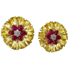 Textured Ruby and Diamond Yellow Gold Clip Earrings