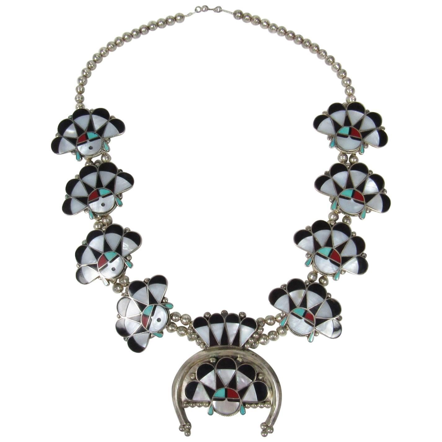 William Zunie Inlaid Turquoise and Mother-of-Pearl Sunface Necklace For Sale