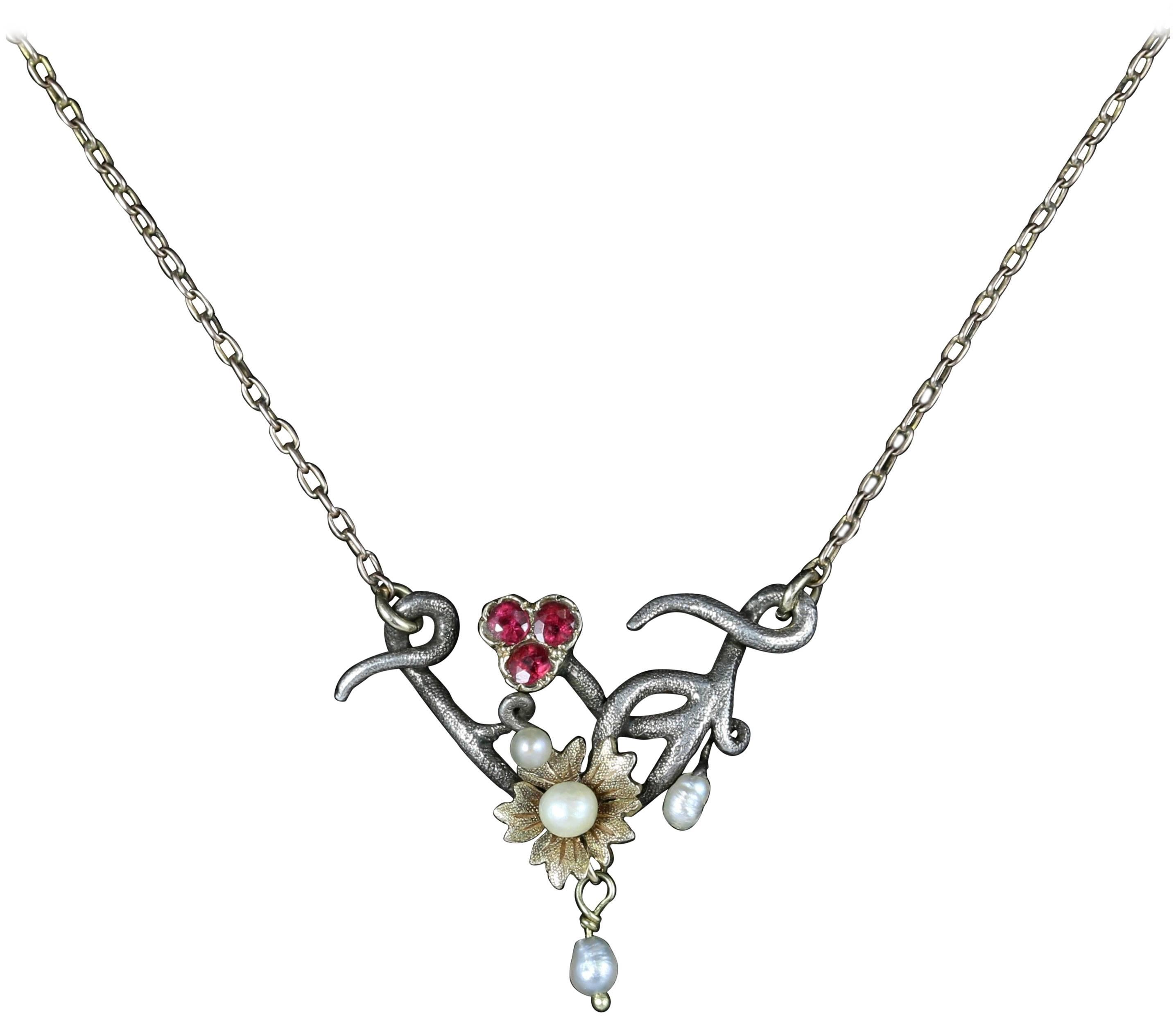 Antique Ruby Pearl Necklace Art Nouveau Silver 9 Carat Gold