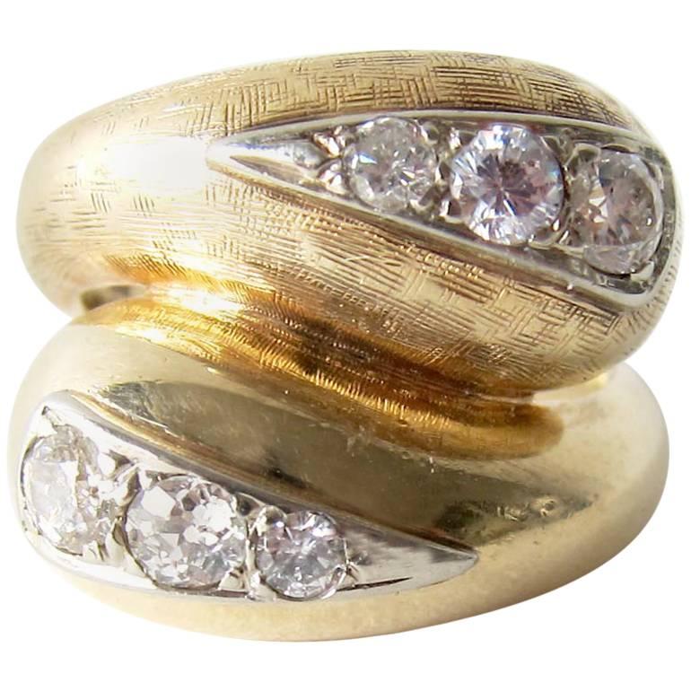 1960s Textured Gold Diamond Bypass Cocktail Ring