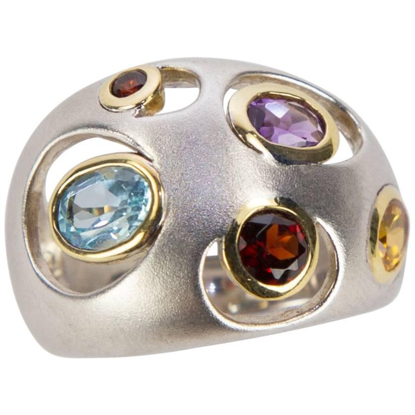 Multi-Gem Blue Topaz Garnet Amethyst Citrine Dome Statement Ring