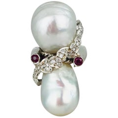 Octopus-Pirate 18 Karat Pearl Ring, EJ Hallmark, Contemporary Diamond and Rubies