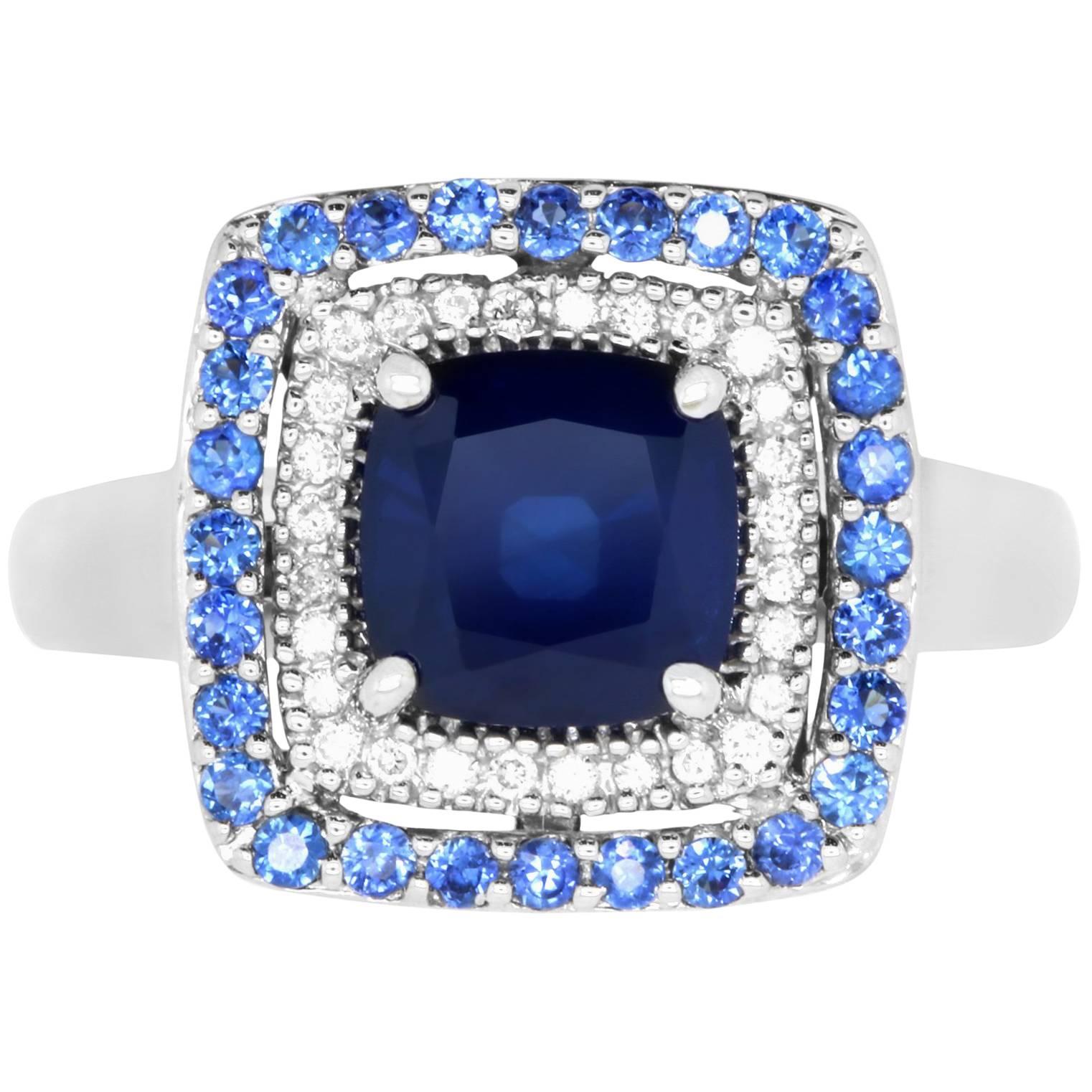 2.25 Carat Cushion Blue Sapphire and White Diamond Ring