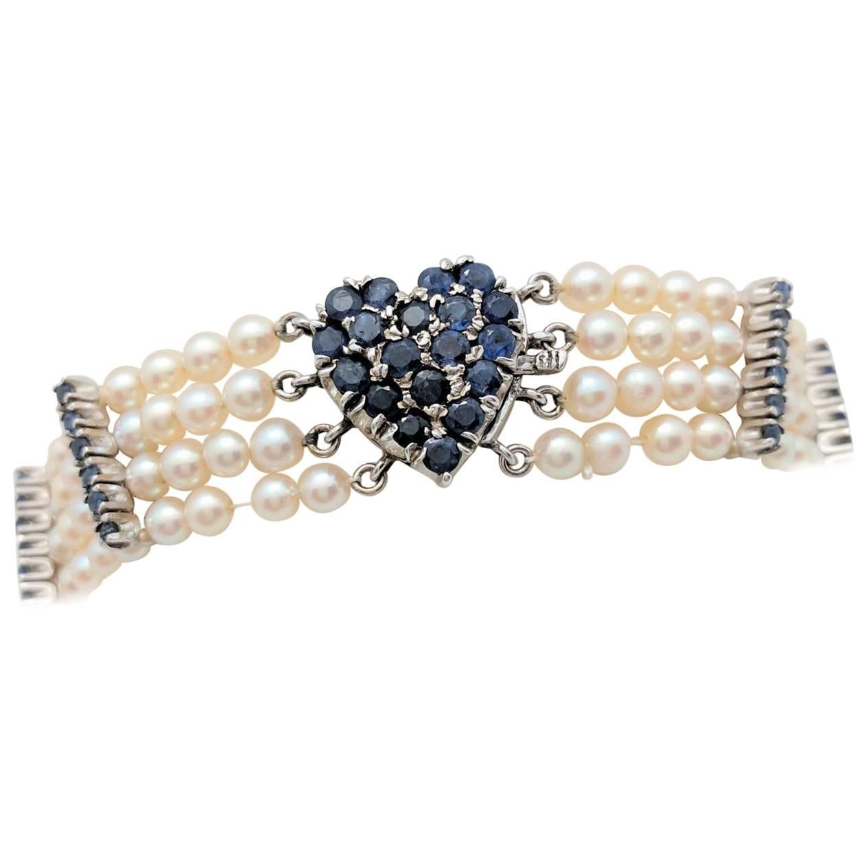 Ladies 14 Karat White Gold 2.86 Carat Sapphire Heart Multi-Strand Pearl Bracelet