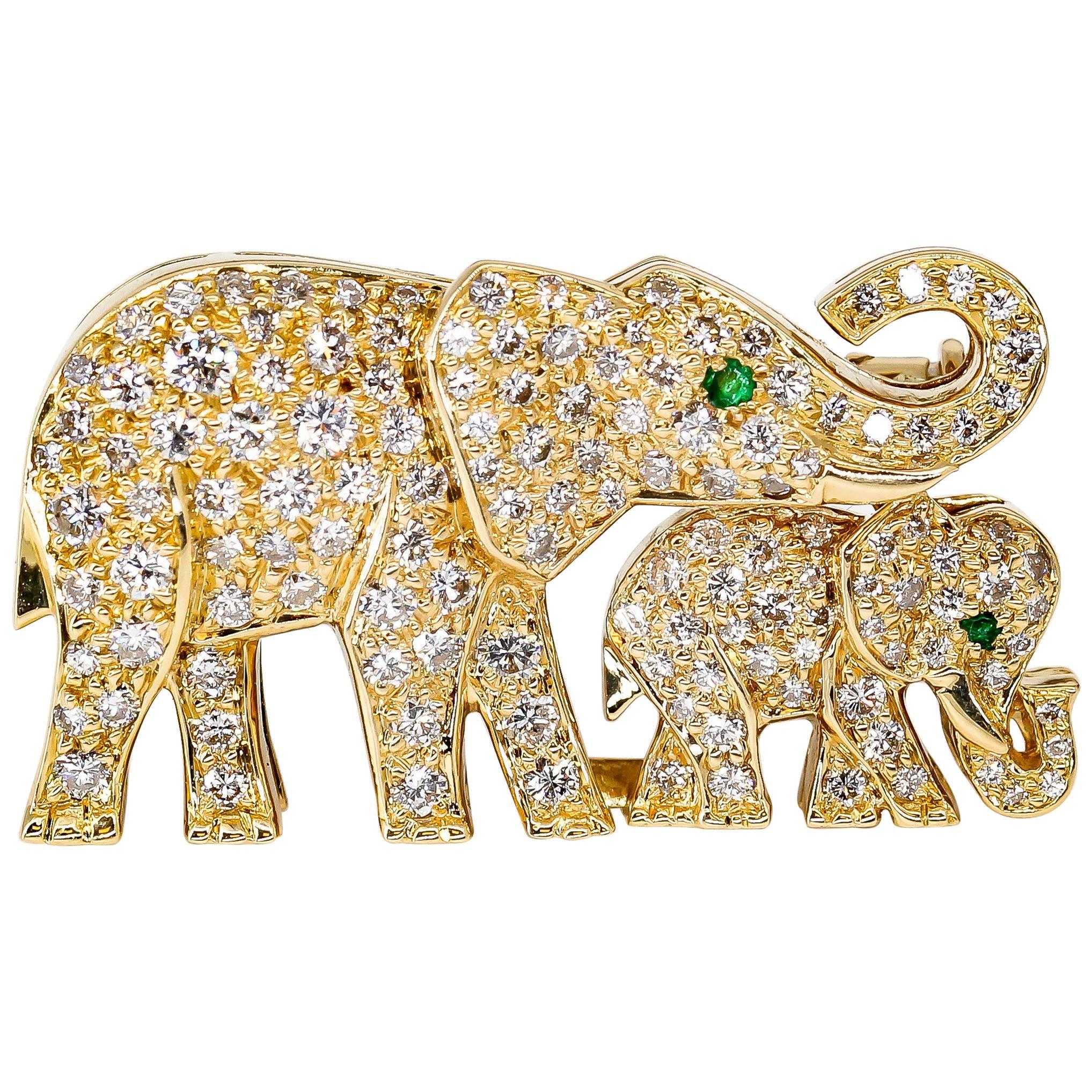 Cartier Diamond, Emerald and Yellow Gold Elephant Brooch