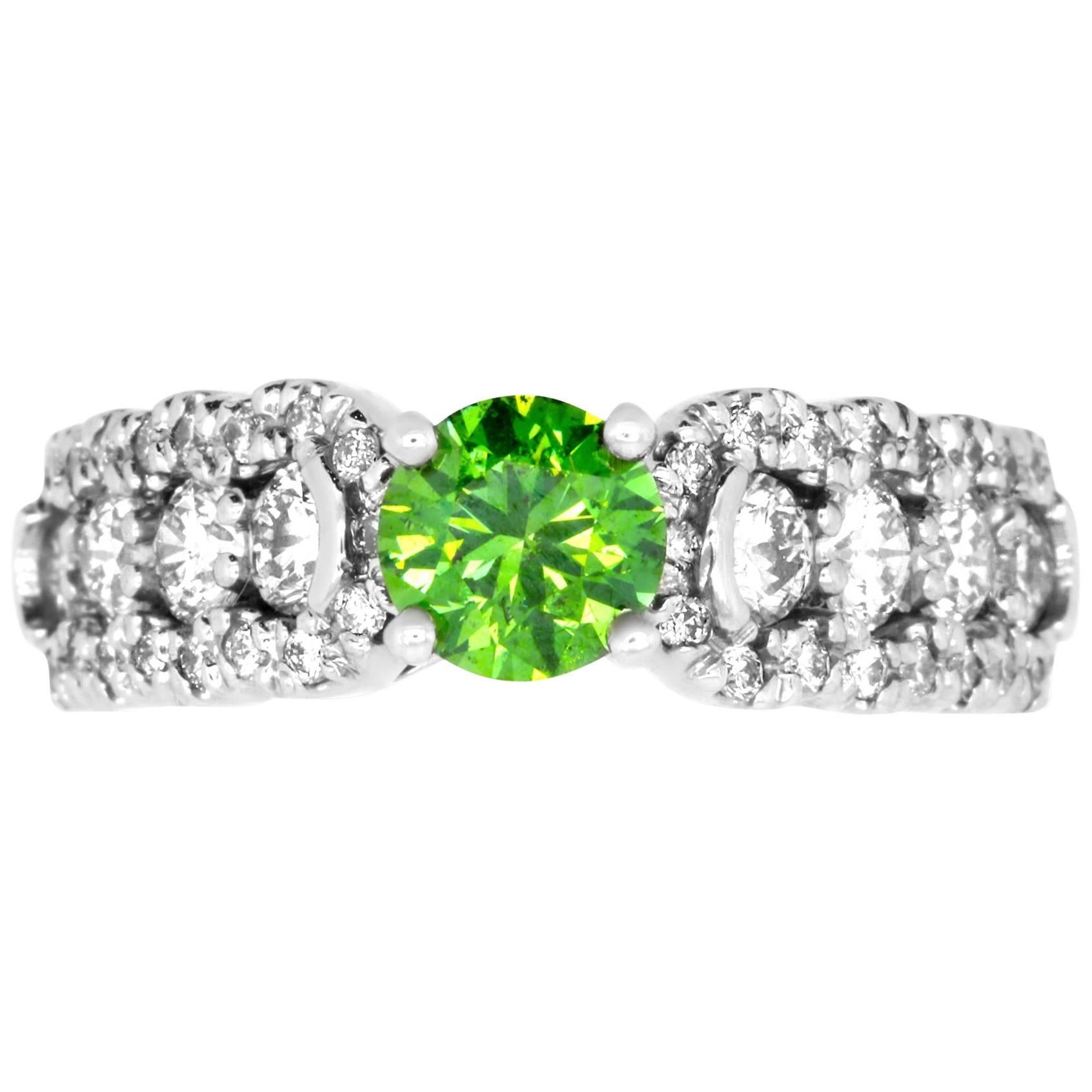 0.85 Carat Round Green Diamond and White Diamond Ring
