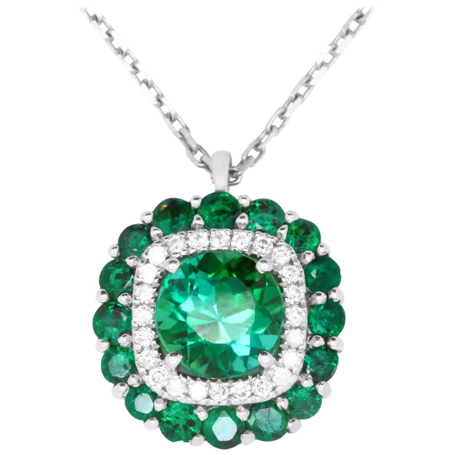 1.79 Carat Green Tourmaline, Emerald and White Diamond Pendant
