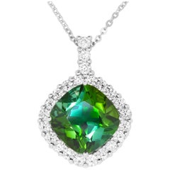 4.44 Carat Cushion Cut Green Tourmaline and White Diamond Pendant