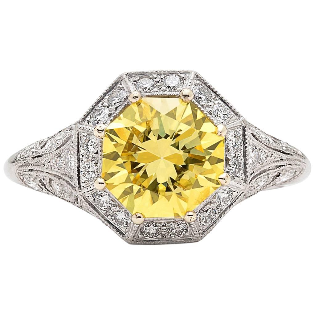 Exceptional GIA Fancy Intense Yellow Diamond in French Platinum Ring