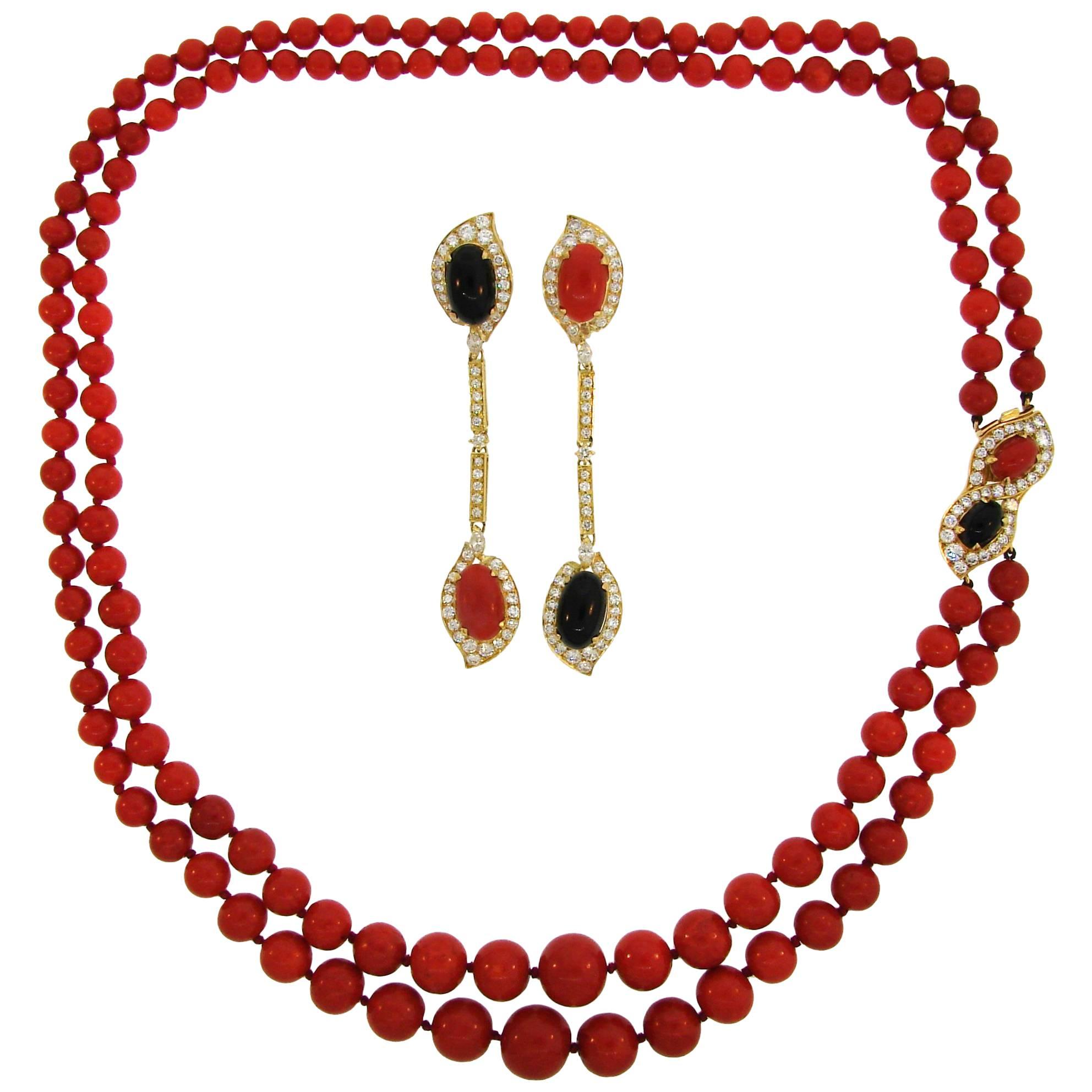 Bulgari Oxblood Mediterranean Coral Onyx Diamond Gold Necklace and Earrings Set