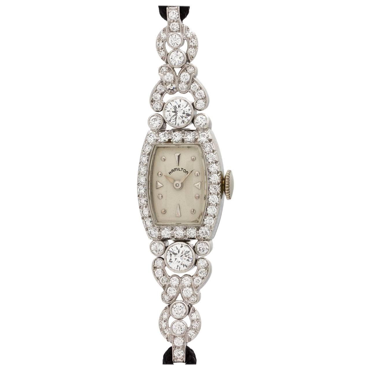 Lady Hamilton Platinum Diamond Manual Wind Wristwatch 1.50ct, circa 1950s For Sale