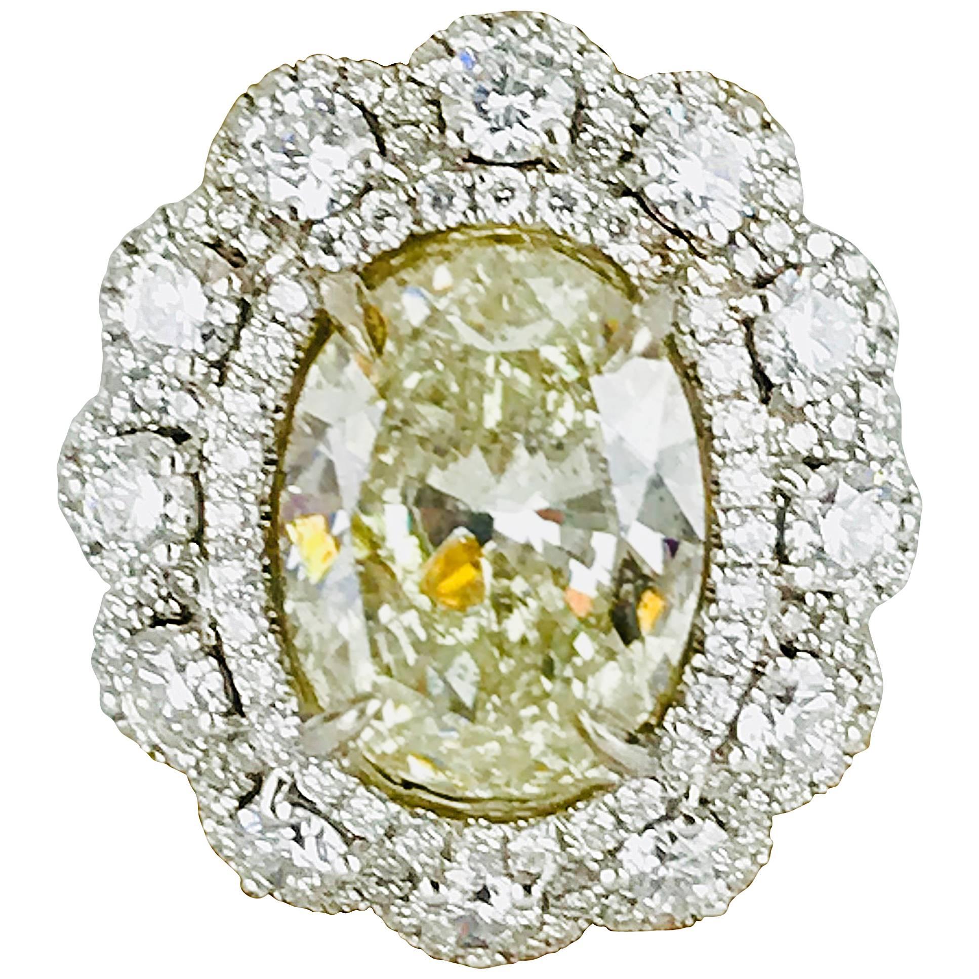 Yellow 5.21 Carat Oval Diamond, Contemporary, Total Weight 11.17 Carats, G-VS For Sale