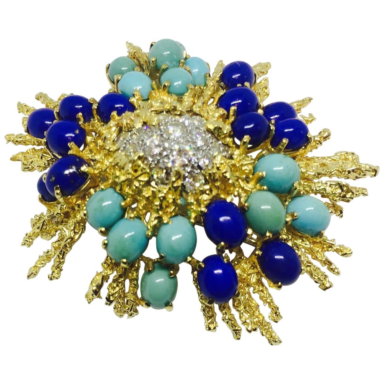 George Schuler 18 Karat Gold Lapis Turquoise Diamond Brooch Pin Necklace Pendant For Sale