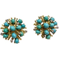 Stunning 18 Karat Gold Turquoise Cabochon Diamond Anemone Clip Earrings