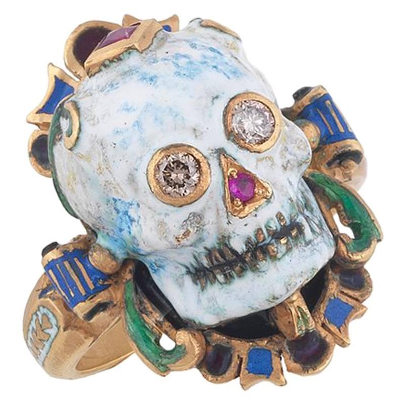 Attilio Codognato Enamel Diamond Ruby Gold Skull Memento Mori Ring