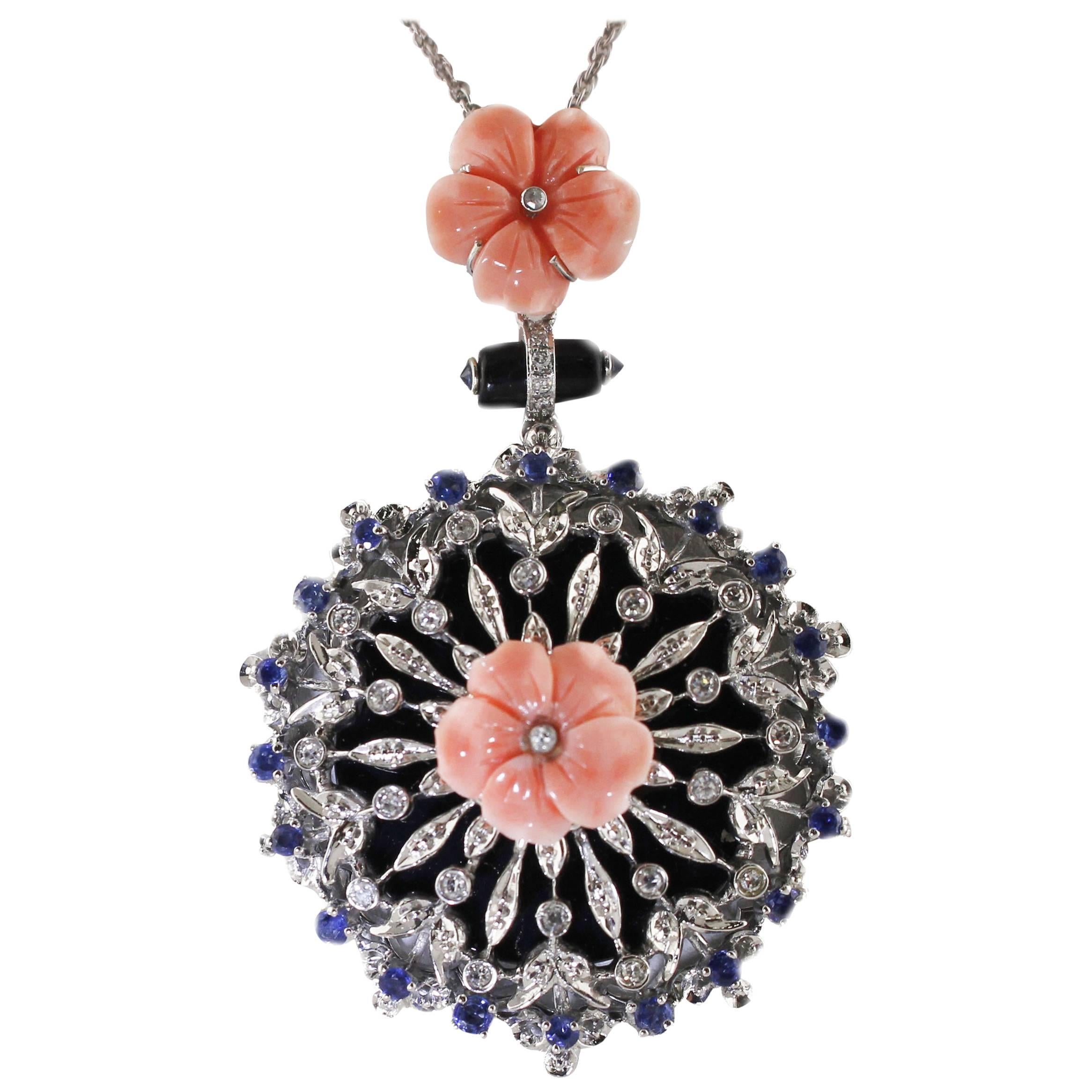 White Gold Sapphires Diamonds Onyx Coral Flower Pendant