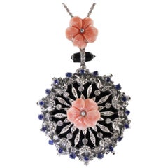 White Gold Sapphires Diamonds Onyx Coral Flower Pendant