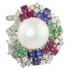 Retro Australian Pearl Diamonds Rubies Sapphires Emeralds White Gold Cocktail Ring