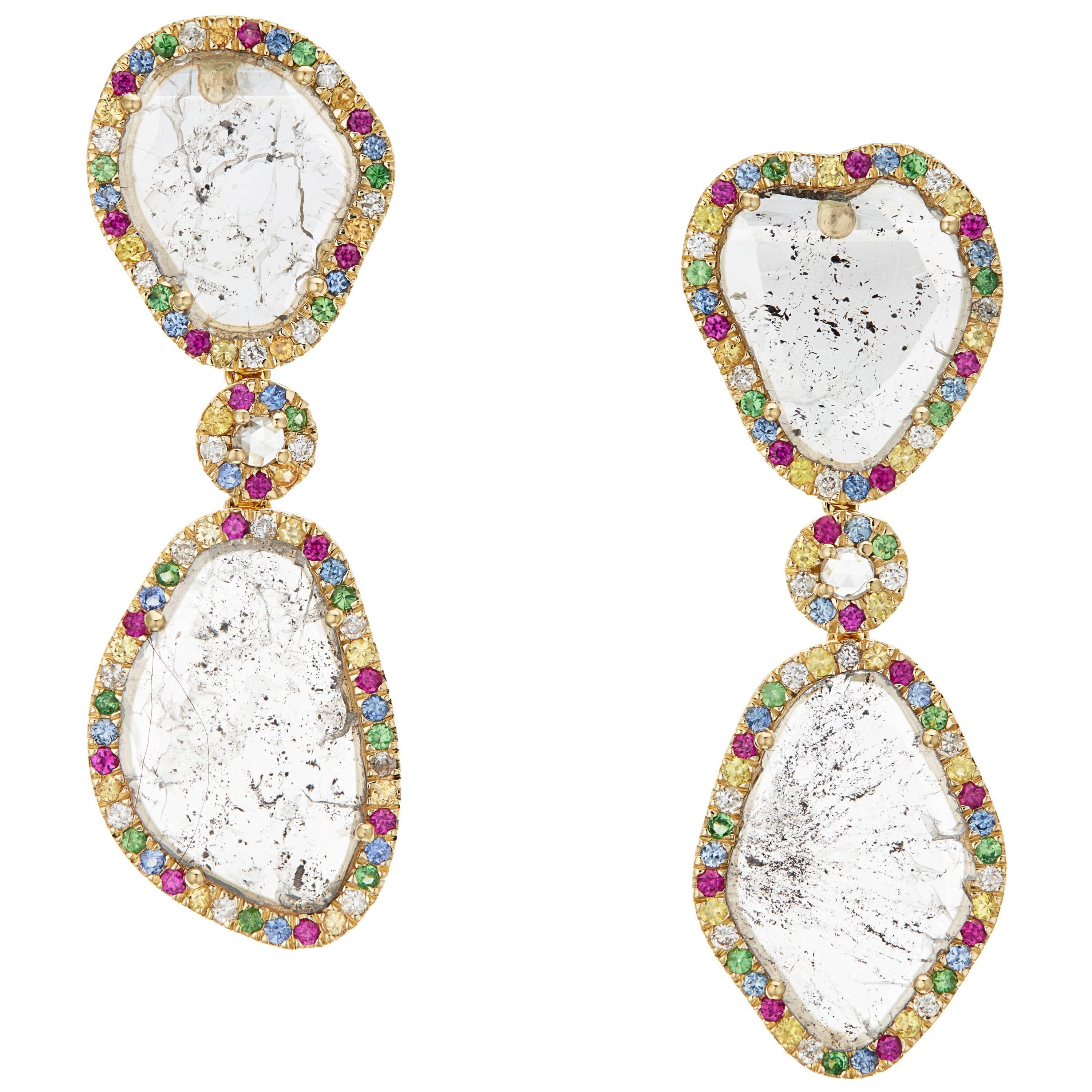 Manpriya B Slice Diamond Ruby, Coloured Sapphire & Tsavorite Diva Drop Earrings 