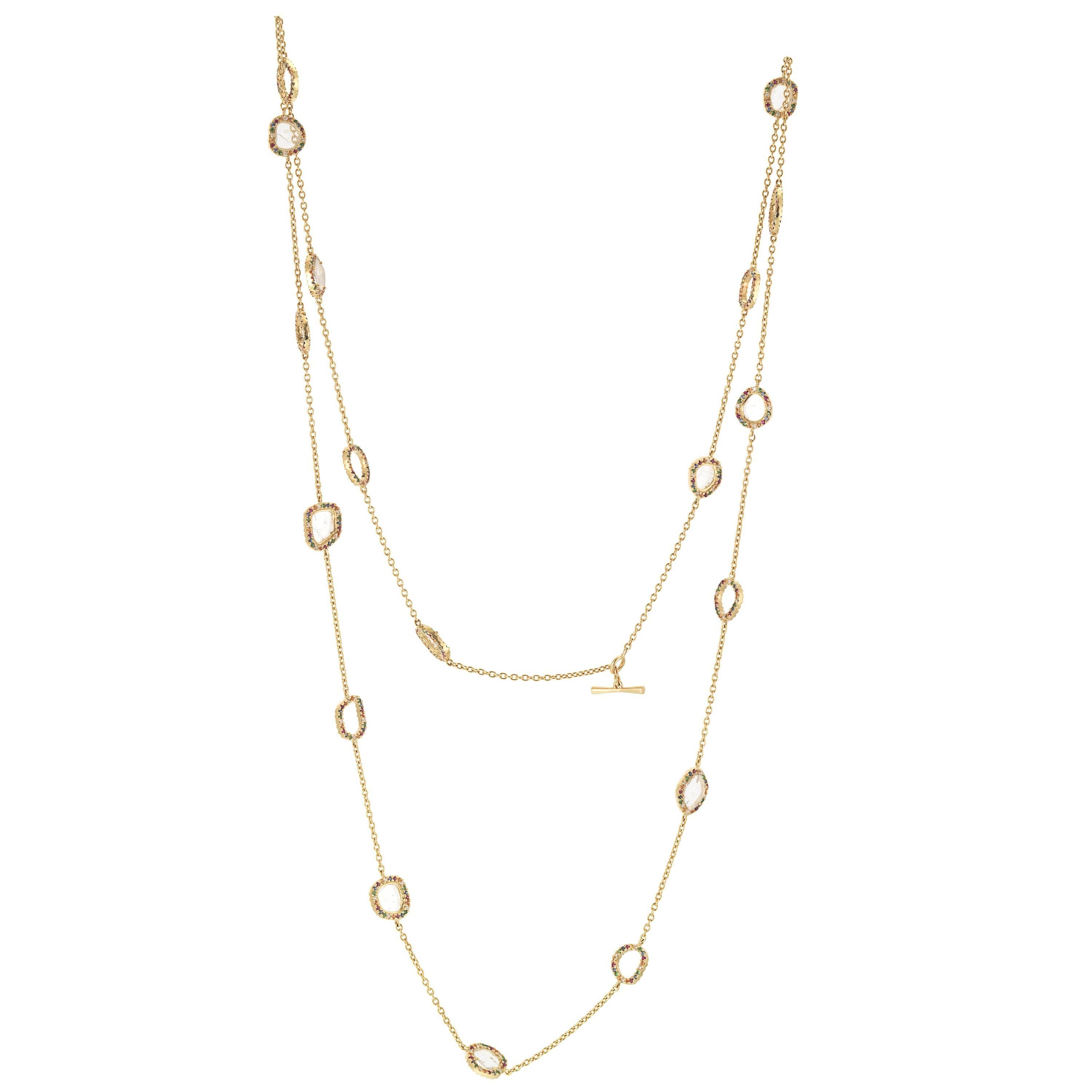 Manpriya B Slice Diamond, Ruby Coloured Sapphires, Tsavorite Diva Chain Necklace For Sale