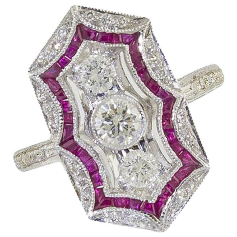 18 kt White Gold Diamonds Rubies Fashion Ring
