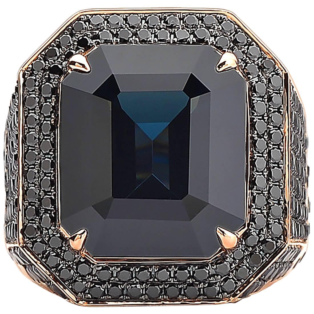 Paolo Costagli 18 Karat Rose Gold Black Spinel 12.38 Carat & Black Diamond Ring For Sale