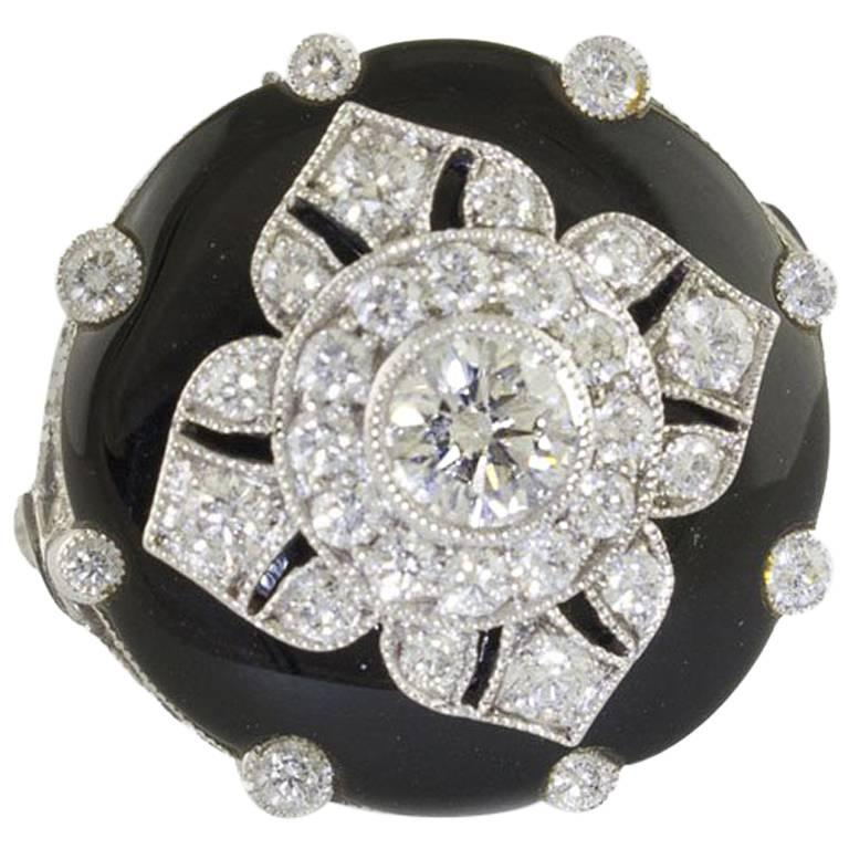 White Gold Onyx Fashion Diamonds F Color Flower Ring For Sale at 1stdibs