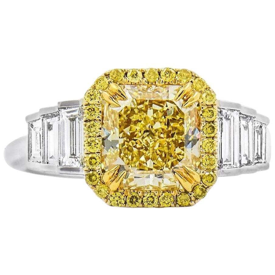 GIA Certified Fancy Yellow 2.47 ct and 0.67 ct  Diamond Ring For Sale